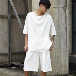 Men's T Shirts Men Cotton Linen 2 Pieces Set (tshirt Shorts) Male Streetwear Hip Hop Casual Shirt Wide Leg Shorts White Black Tees