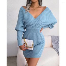 Work Dresses Women Batwing Sleeve V-Back Sweater Dress 2023 Autumn Winter Long Sexy Casual Mini Bodycon Female Clothes