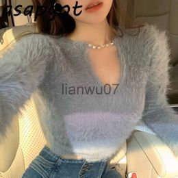 Women's Sweaters Temperament Grey Chain Tassel V Neck Sweaters Short Slim Knitwear Fashion Chic Korean 2020 Autumn White Bottom Shirts Tops Wild J231110
