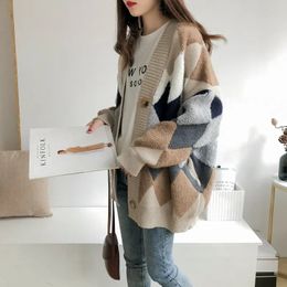 Women's Knits Tees Autumn/Winter Large Women's Cardigan Sweater Coat Fashion Mid length Diamond Loose Lazy Style Thick Knitted Sweater 231109