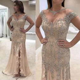ASO EBI 2023 Sheer Neck Mermaid Prom Dresses Beadings Sequined High Split Glows Formal Mother of the Bride Dress Evening Wear