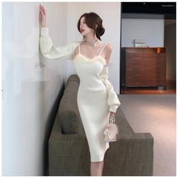 Work Dresses Autumn Winter Women'S Dress Long-Sleeved Shawl Two-Piece Fashion Sexy Knitted Z250