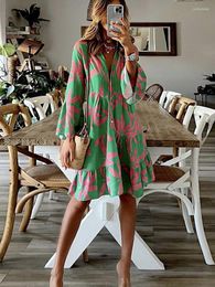 Elegant Boho Print Dress Women V-neck Flare Sleeve Casual Loose A-line Dress Spring Ladies Vacation Shirt Dresses Vestidos