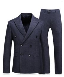 Men's Suits Double-breasted Blazer Men Suit Navy PinStriped 3 Pieces Formal Business Peaked Lapel Groom Tuxedos For Wedding Vest Pant