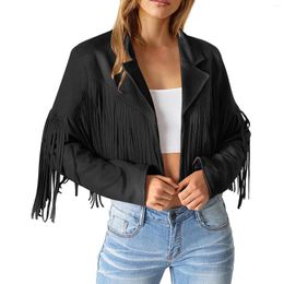 Women's Jackets Women Fringe Suede Leather Fashion Tassel Motorcycle Cropped Coats Turndown Collar Open Front Jacket