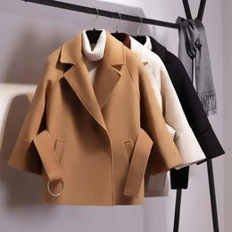 Women's Jackets Korean Women Woolen Coat Autumn Winter Short Jacket Camel Solid Color Lace-up Belt Tight Waist Cardigan Winter Overcoat Top 231110