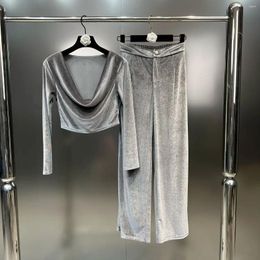 Women's Two Piece Pants PREPOMP 2023 Autumn Winter Collection Long Sleeve Big V Neck Slim Velvet T Shirt Casual Set Tracksuits GM373