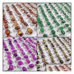 Band Rings Wholesale 20Pcs/Lot New Fashion Agate Ring Sier Plated Oval Shape Finger For Party Gift Mixed Style Luxury Charm Dhgarden Dhfy9