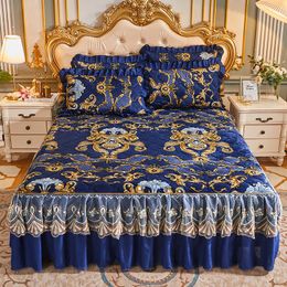 Bed Skirt Princess lace bedding with crystal velvet spread sheet set large thick winter warm cotton wedding bedspread 230410