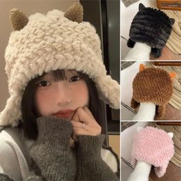 Berets Thickened Plush Hat Fashion Winter Warm Solid Color Beanies Cute Sheep Ear Protection Riding