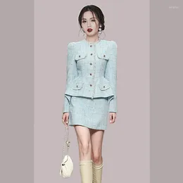 Work Dresses Autumn Women 2 Pieces Set Chic Tassels Tweed Jacket Coat & High Waist A-Line Skirts Elegant Korean Office Lady Suit