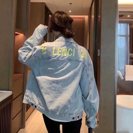 2023 New designer womens t shirt high-end Shirt High Version 2023 Early Spring Family Fluorescent Yellow Letter Embroidery Denim Jacket
