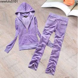 2023 Juicy Tracksuit Womens Two Piece Pant Veet Fabric Zipper Flap Pocket Regular Hooded Jackets Tops Loose Casual Trousers ess