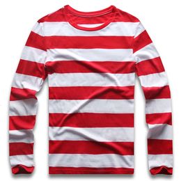 Men's T-Shirts Red and white striped long sleeved men's T-shirt T-shirt round neck Colourful black and white striped men's casual 230410