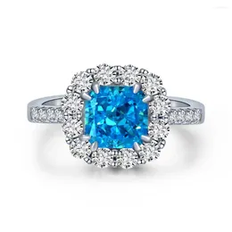 Cluster Rings S925 Silver Ring Aquamarine 7 Flower Cut Opening Adjustment Jewellery Lady 5A Zircon