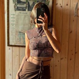 Women's Tanks Women Fashion Cut Out Brown Crop Top Fairy Grunge Graphic Renaissance Vintage Sleeveless T-shirts Y2K Streetwear