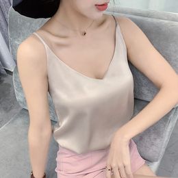 Camisoles Tanks Summer Silk Tank Top V-Neck Basic Women's Tank Top Women's Sleeveless Tank Top White Satin Tight Bra Top Women's Clothing 230410