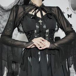 Scarves Dark Gothic Short See-Through Top Women Lace Splicing Tie Burnout Cuffed Blouse In Stock