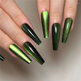 False Nails 24pcs Retro Cat Eye Dark Green French Flase For Women Long Glitter Fake Full Cover Tips Press On Fingernails