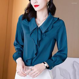 Women's Blouses Women's Elegant Ruffle Long-sleeve Satin Silk Shirts Office Lady Work Formal Blouse Female 2023 Autumn