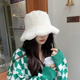 Vintage Faux Fur Fisherman shearling bucket hat with Wide Brim for Women's Winter Fashion - Solid Color Plush Panama Warm Hat (YQ231110)