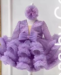 Girl Dresses 2023 Sequin Beads Child Birthday Party Dress Sparkly Wedding Puff Flower Cute Baby First Gown