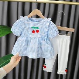 Clothing Sets Baby Girls' Clothing Set Summer Toddler Baby Clothing Children's Lace Cherry Plaid T-shirt Children's Leisure Vacation Clothing 230410