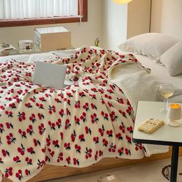 Blankets INS Daisy Jacquard Cherry Strawberry Cashmere Blanket Winter Warm Throw Blanket Cover Bedspread Gift 231110