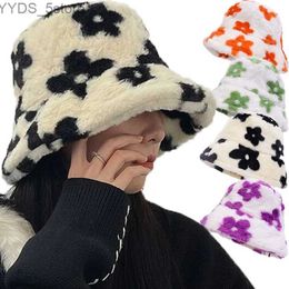 Wide Brim Hats Bucket Hats Winter Warm Bucket Hat Women Flower Floral Plush Bonnet Fisherman Cap Soft Velvet Panama Caps Outdoor Fluffy Wool Basin Hats YQ231110