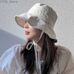 Wide Brim Hats Bucket Hats Korean Style Ins Lace-up Fisherman Hat Women Blogger Lightweight Windbreak Rope Sunshade Elegant Basin Hat Sun Bucket Hat YQ231110