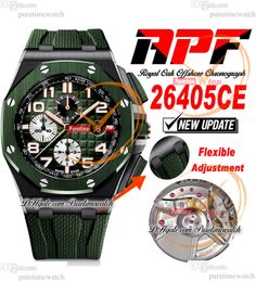 APF 44mm 26405CE A3126 Automatic Chronograph Mens Watch Black Green Ceramic Textured Dial Rubber Strap Exclusive Technology Super Version Puretimewatch D4