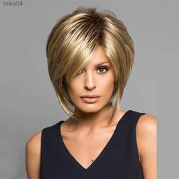 Synthetic Wigs Wig Blonde Mixed Brown Bob Wigs Fashion Women's Mixed Colour Blond Hair Fluffy Short Curly Hair With Oblique Bangs Natural Synthe YQ231110