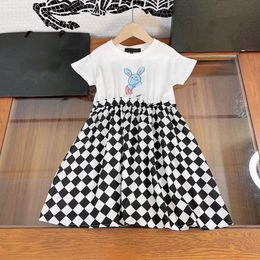 23ss girls dress kids designer clothes Round neck Pure cotton logo printing checkerboard splicing Short sleeve Dress big Girls skirts High quality kids clothes