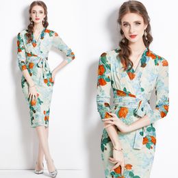 Sexy Slim Floral Party Dress Ballgown Women Designer Long Sleeve V-Neck Belted Bow Wrap Hip Holiday Dresses 2023 Spring Fall Runway Long Sleeve Green Midi Frocks