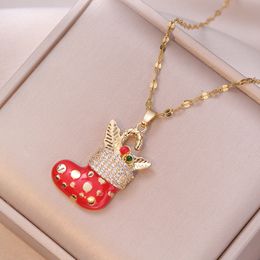 Stainless Steel Christmas Necklaces Enamel Red Sock Pendant Necklace For Women Men Kids Happy New Year Chain Jewelry Gifts Wholesale YMN093