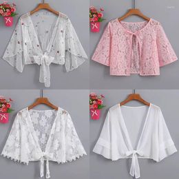 Women's Blouses Summer Women Chiffon Blouse In Floral 2023 V Neck Tie Waist Cardogan Shirt Flare Sleeve Top Lace Beach Cover Up