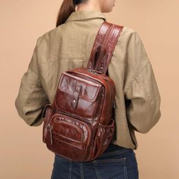 School Bags Genuine Leather Women's Backpack Vintage Oil Wax One Shoulder Crossbody Cowhide High Grade Small