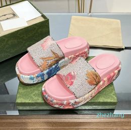 2023-Woman Floral Slide Sandal Macaron Slippers Thick Bottom Mules Chunky Slipper Multicolored Print Canvas Beach Flip-flops