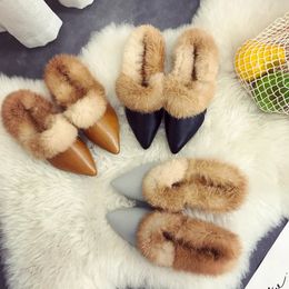 Slippers Women's Korean Fashion Versatile Thick Heel Pointed Warm Rabbit Hair and Plush Cotton Slippers for women 231110