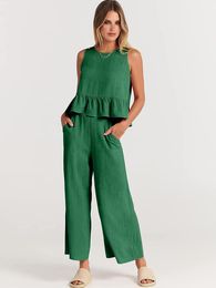Casual Loose Green Set For Women Sleeveless Pleated Vest Top Wide Leg Long Pants 2-piece Suit Office Ladies Clothes 2023 Summer