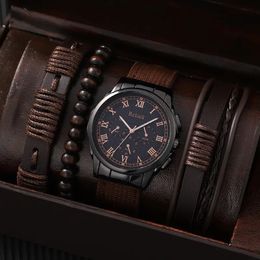 Wristwatches 4pcs Brown Nylon Strap Quartz Watch With Bracelet For Men Casual Fashion Round Watch In Daily Sport 231110