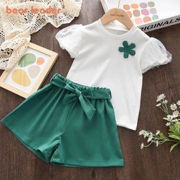 Clothing Sets Bear collar flower baby girl set casual clothing set summer Korean short sleeved white top shorts 2PCS children's clothing set 230410