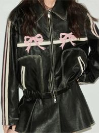 Women's Tracksuits 2023 Bow Black Leather Jacket Female Autumn Fashion Zipper Polo-neck Tops Sweet Cool Personal Street Vintage Oversized