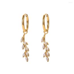 Hoop Earrings 18K Gold Plated Stainless Steel Branch Shape Oval Cubic Zircon Pendant Waterproof Fashion Jewellery Women