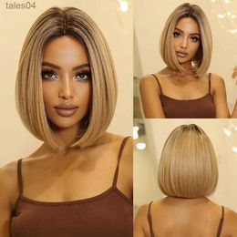 Synthetic Wigs Brown Blonde Ombre Synthetic Wigs Short Straight Bob Wig for Women with Dark Roots Middle Part Daily Cosplay Heat Resistant Wig YQ231110