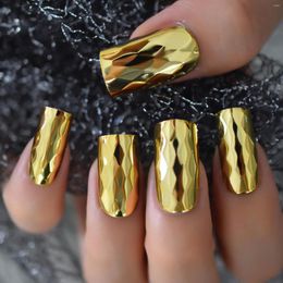 False Nails Metallic Mirror Gold Colour Fake Press On Tip 3D Rhombus Designs Square Full Cover Artificial Women Wearable Nail