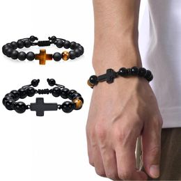 Strand Men 8MM Cross Beads Bracelets For Boys Black Natural Stones Beaded Religious Prayer Wristband Adjustable Pulseira Masculina