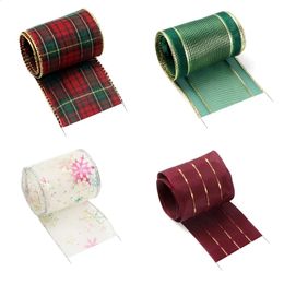 Gift Wrap 25 Yards 6m Christmas Theme Ribbon Wire Edge Chiffon Decoration Red and Green Snowflake Plaid 231109