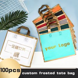 Gift Wrap 100pcs Custom golden border Matte Shopping Bags thickening tote bag wedding Gift Bag Print On Double-sided Free Design 231109