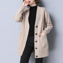 Women's Knits Cardigan Sweater Women Long Sleeve Tops V-Neck Solid Button Vintage Students Korean Fashion All-Match Grey Beige Sweaters
